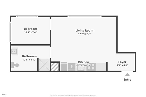 Floor plan for 1 bed, 1 bath, 485 sqft